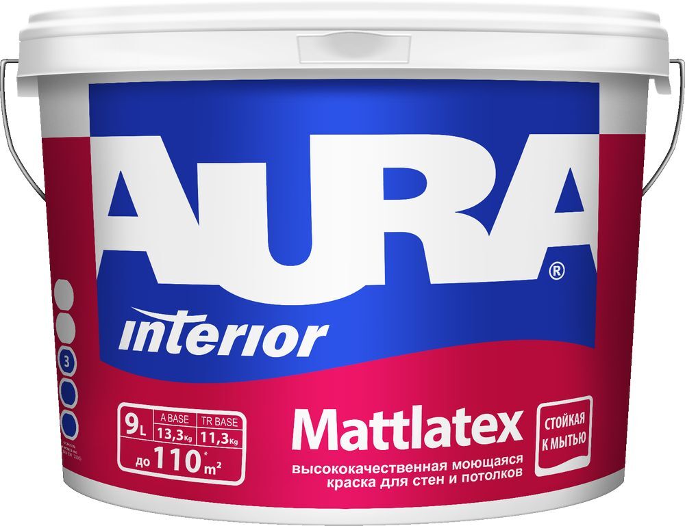 Краска моющаяся для стен и потолков "AURA MATTLATEX" База А 9л