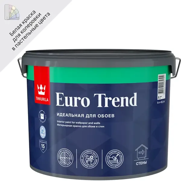 Краска для стен и потолков Tikkurila Euro Trend моющаяся матовая цвет белый база А 9 л TIKKURILA None