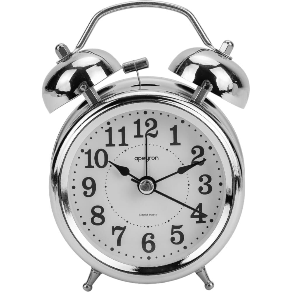 Бесшумные часы-будильник Apeyron 12.4x8.8 см, подсветка, черный хром, металл с плавным ходом, батарейка АА