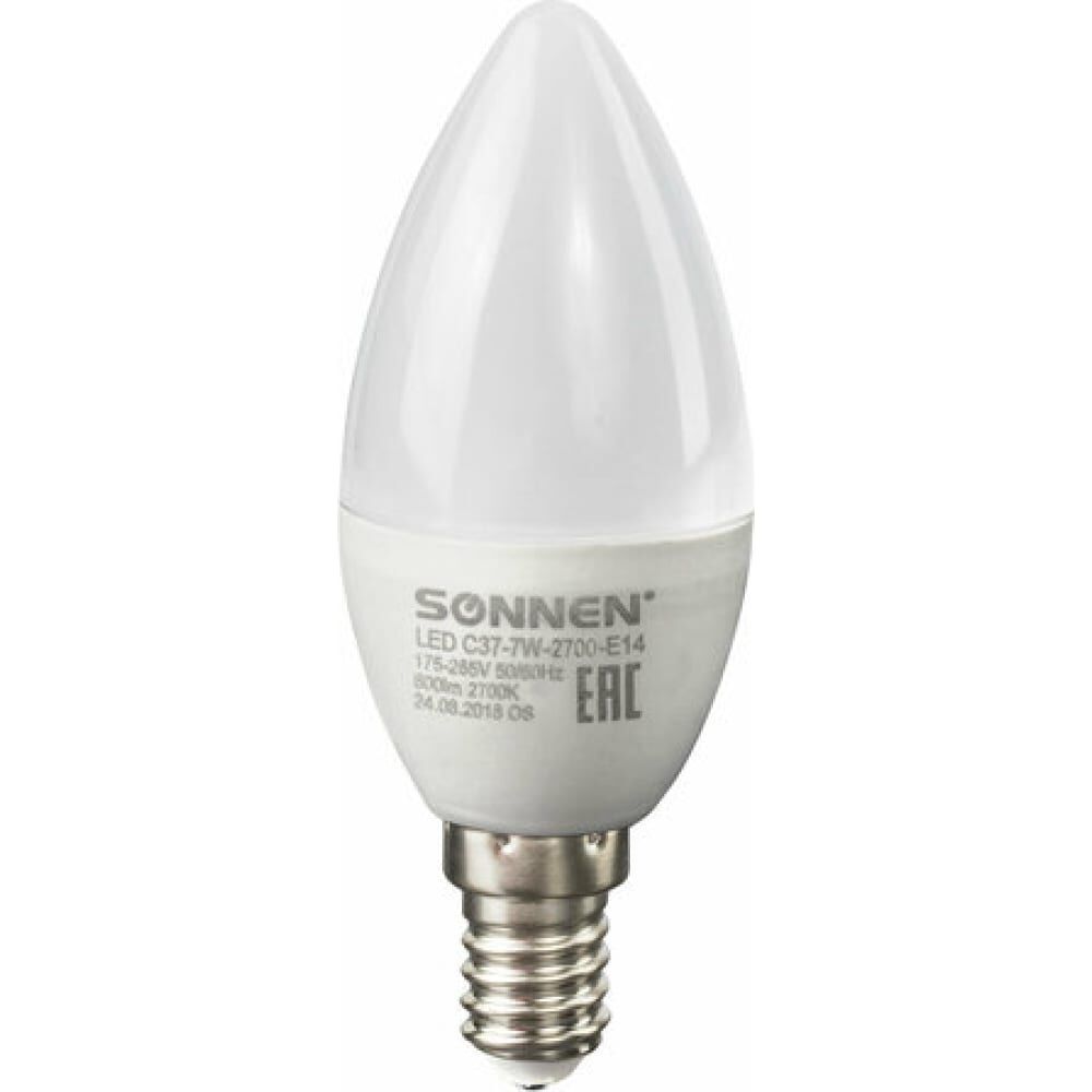 Лампы Led SONNEN Комплект 10 шт., 7 (60) Вт, цоколь E14, свеча, теплый белый свет, Led C37-7W-2700-E14, 880791
