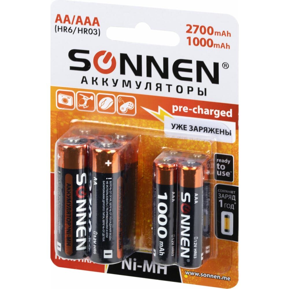 Аккумуляторные батарейки SONNEN ni-mh пальчиковые/мизинчиковые набор 8 шт. (aa+ааа) 2700/1000 mah 455612