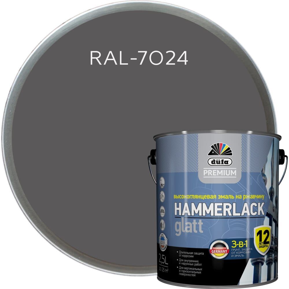 Эмаль Dufa Premium HAMMERLACK на ржавчину, гладкая, графитовый серый, 2.5 л МП00-010842