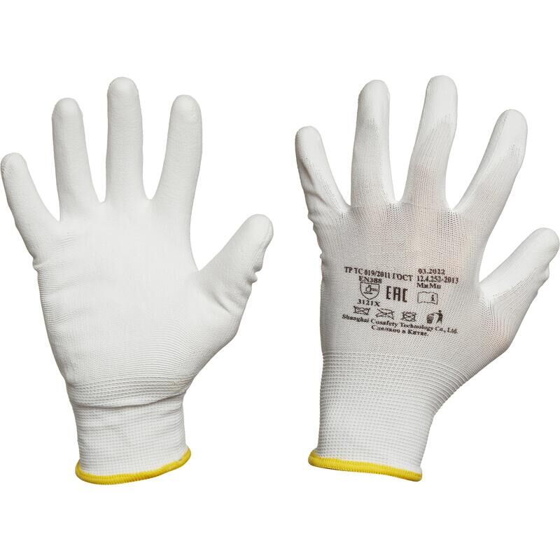 Перчатки рабочие защитные нейлоновые с полиуретановым покрытием белые (13 класс, размер 7, S) NoName