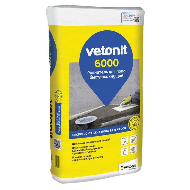 Ровнитель для пола Vetonit 6000 быстросохнущий, 25 кг