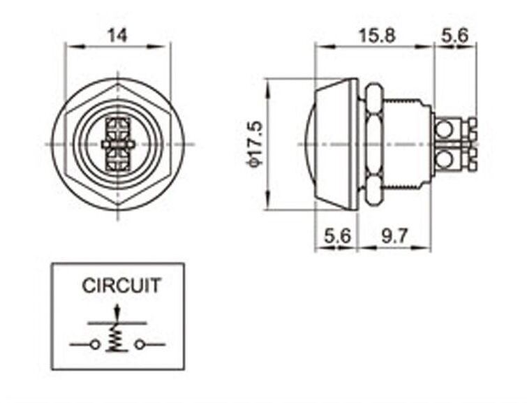 Кнопка антивандальная без фиксации A12-A3 D=12мм off-(on), 2 контакта, 2A, 250В (металл) 2