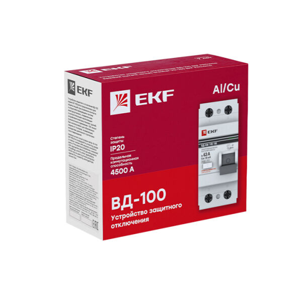 Выключатель дифференциального тока (УЗО) 2п 40А 30мА тип AC ВД-100 (электромех.) PROxima EKF 4