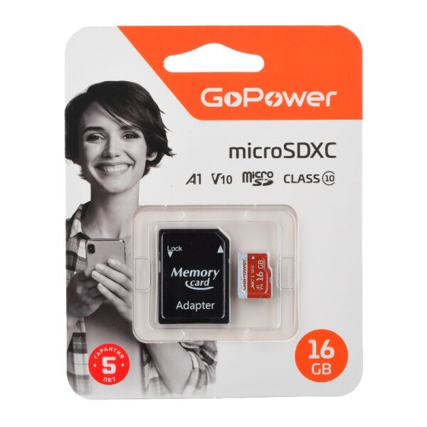 Карта памяти MicroSDXC 16GB GoPower (UHS-I, U3, class10, 80мб/сек V10) c адаптером SD