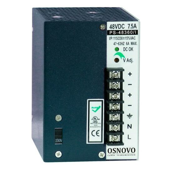 Блок питания OSNOVO PS-48360/I промышленный. DC48V, 7,5A (360W). Диапазон входных напряжений: AC115, 230V. КПД: 83%. Рег