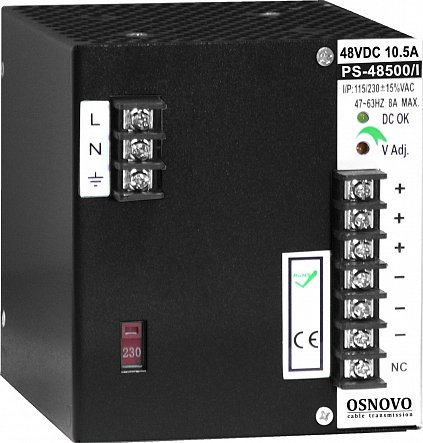 Блок питания OSNOVO PS-48500/I промышленный. DC48V, 10,5A (500W). Диапазон входных напряжений: AC195-265V. КПД: 85%