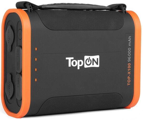 Аккумулятор внешний TopOn TOP-X100 черный, 96000mAh USB-C PD3.0 60W, USB1 QC3.0, USB2 12W, 2 авторозетки 180W, фонарь, з