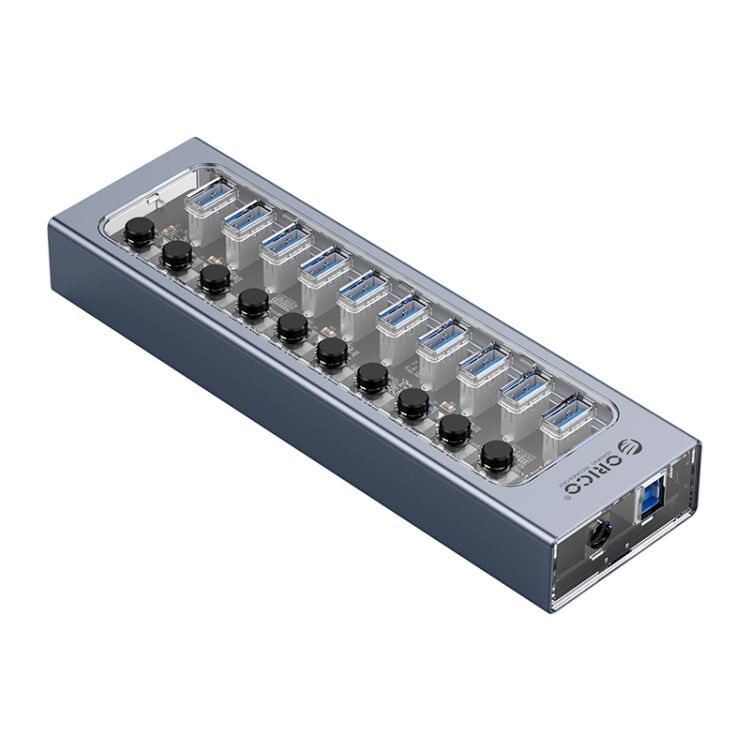 Разветвитель Orico AT2U3-10AB-EU-GY-BP 10xUSB-A 3.0, вход USB-A 3.0, серый/прозрачный