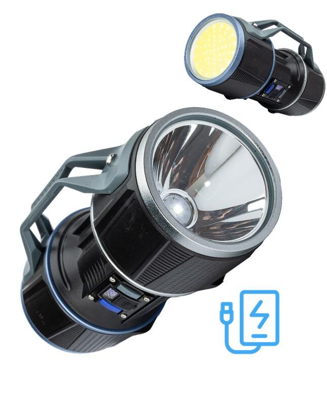 Фонарь-прожектор аккумуляторный ручной 10Вт LED+12Вт COB LED+красн. Li-ion 18650 8000мА.ч Power-bank корпус ABS-пластик