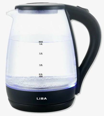 Чайник электрический LIRA LR 0105 (диск, стеклянный корпус, объем 1.8л, 1800Вт)