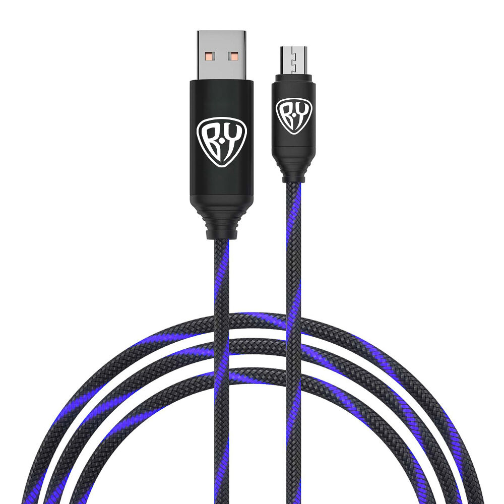 BY Кабель для зарядки Армированный Micro USB, 1м, 3А, Быстрая зарядка QC3.0, LED подсветка синяя