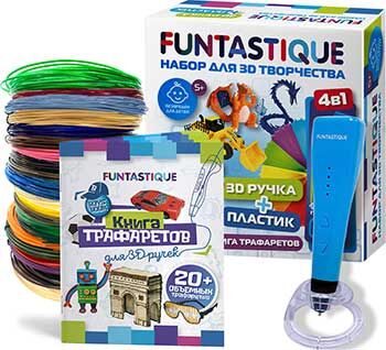Набор для 3Д творчества Funtastique 4в1 3D-ручка CLEO (Синий) с подставкой+PLA-пластик 15 цветов+Книжка с трафаретами, д