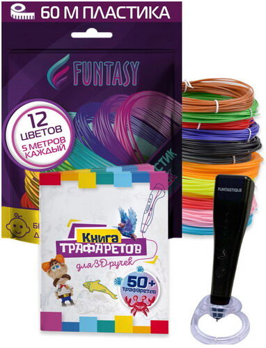 Набор для 3D рисования Funtasy 3D-ручка PICCOLO (Черный) + ABS-пластик 12 цветов + Книжка с трафаретами