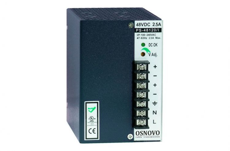 Блок питания OSNOVO PS-48120/I промышленный. DC48V, 2,5A (120W). Диапазон входных напряжений: AC100-240V. КПД: 83%. Регу